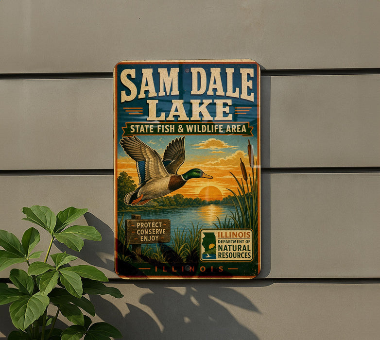 A vintage-style sign for Sam Dale Lake, featuring a duck in flight and a sunset over the lake, mounted on a wall.