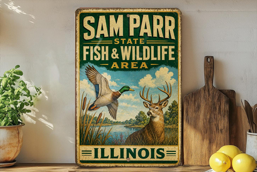 A vintage-style metal sign for Sam Parr State Fish & Wildlife Area in Illinois, featuring an illustration of a bird in flight and a deer in a natural setting.