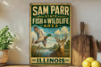 A vintage-style metal sign for Sam Parr State Fish & Wildlife Area in Illinois, featuring an illustration of a bird in flight and a deer in a natural setting.