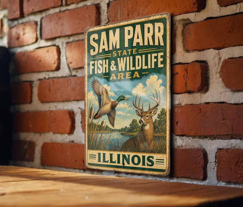 A vintage metal sign for Sam Parr State Fish & Wildlife Area in Illinois, featuring an illustration of a bird and a deer.