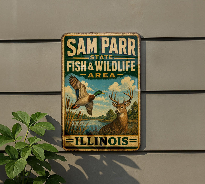 A vintage metal sign for the Sam Parr State Fish & Wildlife Area in Illinois, featuring an illustration of a bird and a deer in a natural setting.