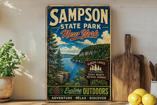 A vintage-style sign for the state park of New York, featuring a scenic landscape with a lake and mountains.