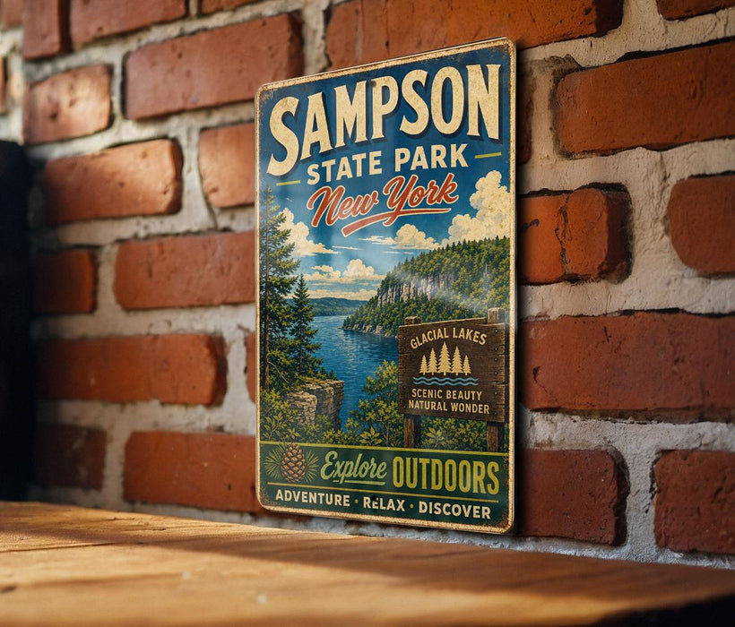 A vintage metal sign for the state park in New York, featuring a scenic landscape with a lake and mountains.