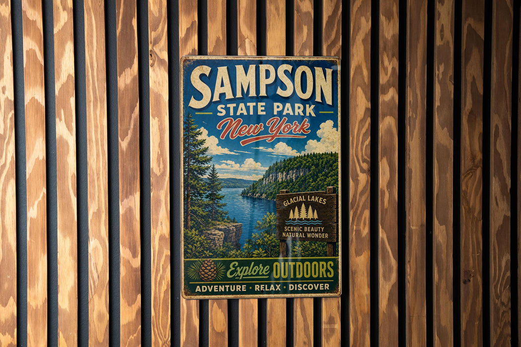 A vintage metal sign for Sampson State Park in New York, featuring a scenic landscape with a lake and mountains.