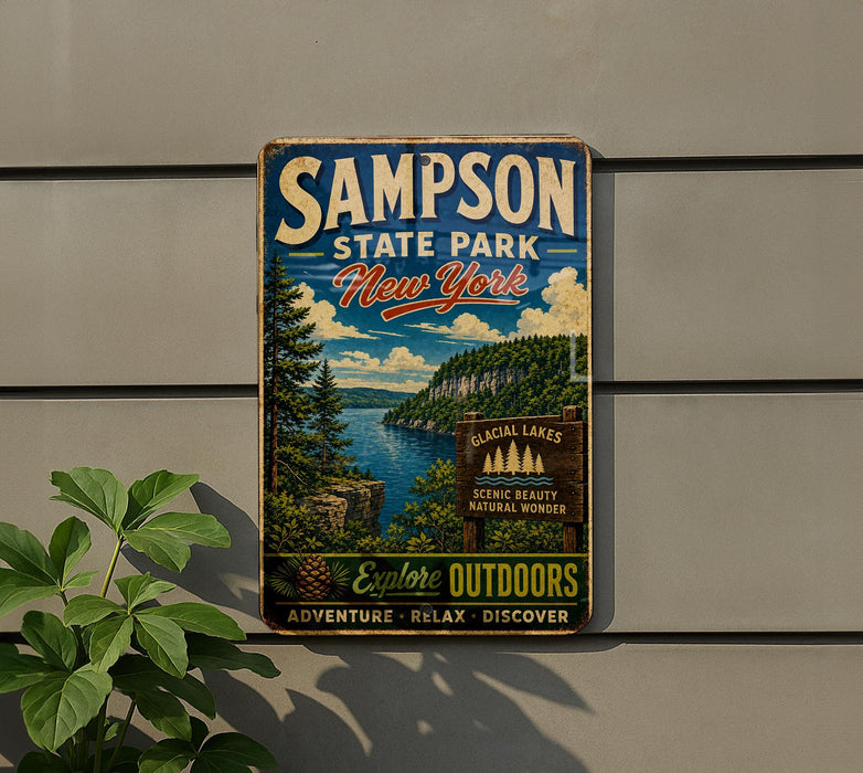 A vintage metal sign for Sampson State Park in New York, featuring a scenic landscape with pine trees, a lake, and mountains.