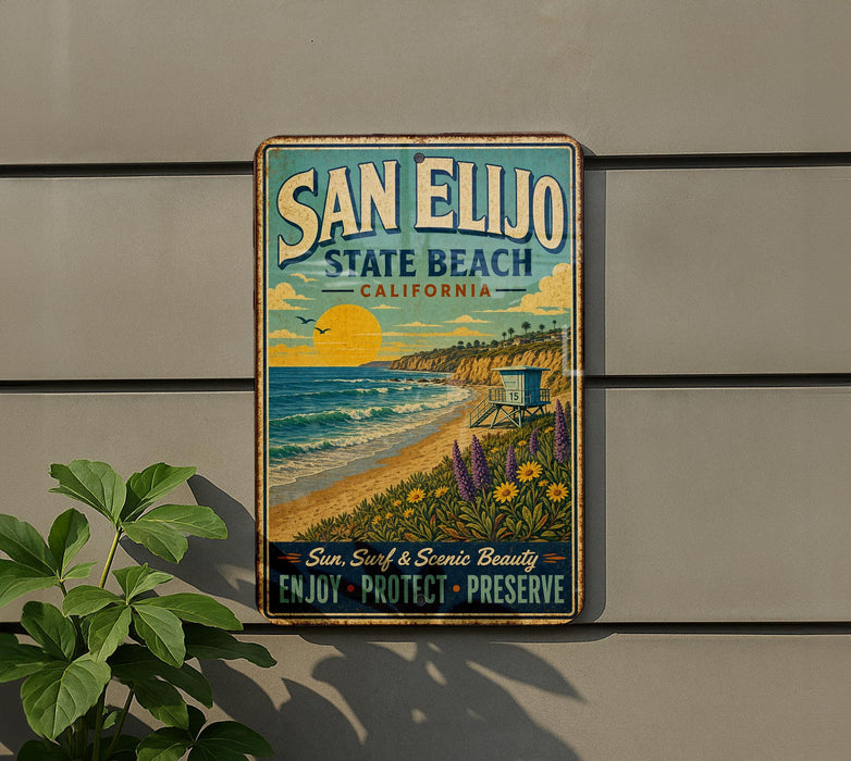A vintage-style metal sign for San Elijo State Beach, California, featuring a beach scene with a lifeguard tower and a sunset over the ocean.