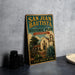 A vintage-style metal sign for San Juan Bautista State Historic Park in California, featuring an illustration of a historic building and a tree.