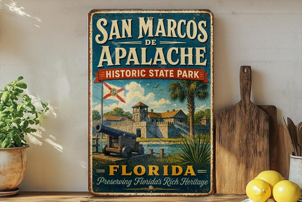 A vintage-style sign for San Marcos, Florida, featuring a historical state park and a cannon, with a wooden paddle and a potted plant in the background.