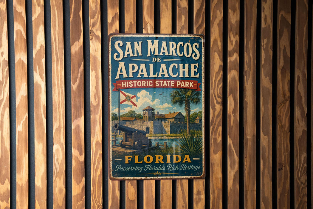 A vintage-style metal sign for San Marcos de Apalache Historic State Park in Florida, featuring a palm tree and a cannon, is displayed on a wooden wall.