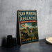 A vintage-style metal sign for San Marcos de Apalache Historic State Park in Florida, featuring a cannon and palm trees, is displayed on a gray countertop.