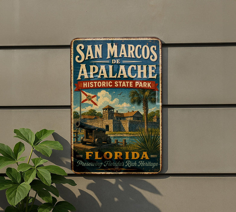 A vintage-style metal sign for San Marcos de Apalache Historic State Park in Florida, featuring a castle, palm trees, and a flag.