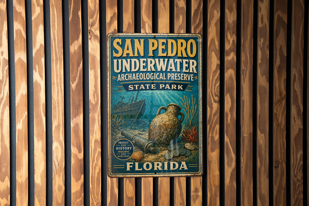 A vintage-style metal sign for San Pedro Underwater Archaeological Preserve, located in Florida.