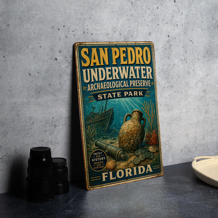 A vintage-style metal sign for San Pedro Underwater Archaeological Preserve in Florida, featuring an illustration of underwater ruins and a large vase.