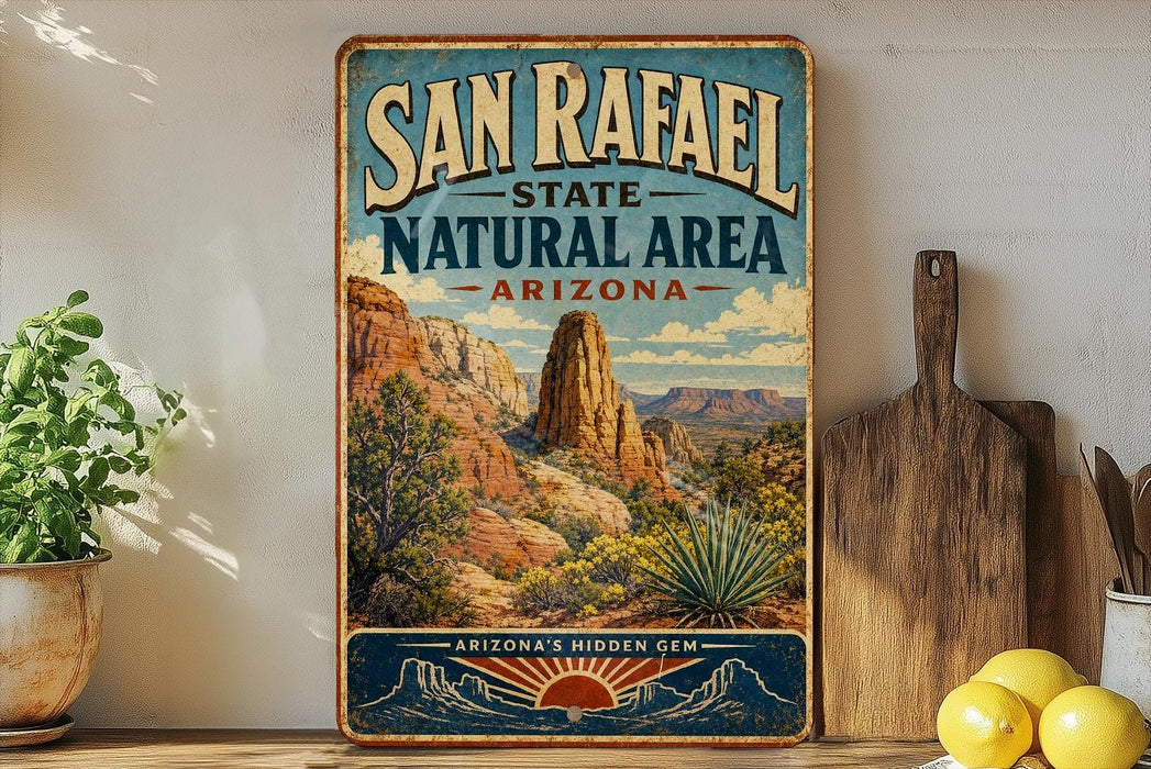 A vintage-style metal sign for San Rafael State Natural Area in Arizona, featuring a desert landscape with mountains and cacti.