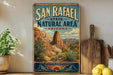 A vintage-style metal sign for San Rafael State Natural Area in Arizona, featuring a desert landscape with mountains and cacti.