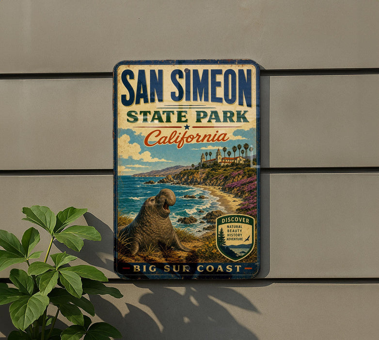 A vintage-style metal sign for San Simeon State Park in California, featuring a scenic image of a coastal landscape with a seal and the text "Discovery of Big Sur Coast".