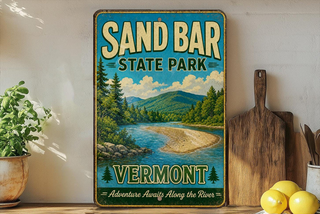 A vintage-style sign for Sand Bar State Park in Vermont, featuring a scenic landscape with a river and mountains.