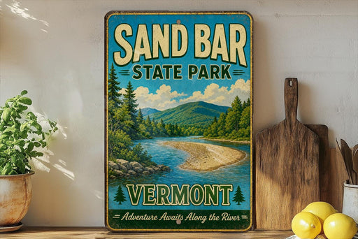A vintage-style sign for Sand Bar State Park in Vermont, featuring a scenic landscape with a river and mountains.