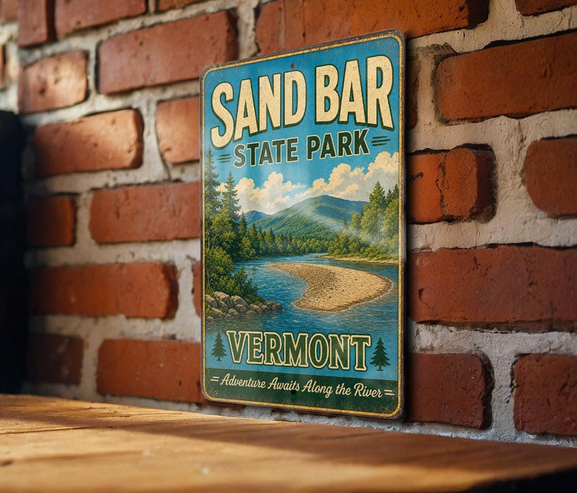 A vintage-style metal sign for Sand Bar State Park in Vermont, featuring a scenic landscape with a river and mountains.