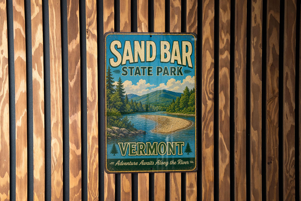 A vintage metal sign for Sand Bar State Park in Vermont, featuring a scenic landscape with a river and mountains.