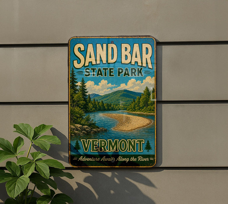 A vintage-style metal sign for Sand Bar State Park in Vermont, featuring a scenic landscape with a river and mountains.