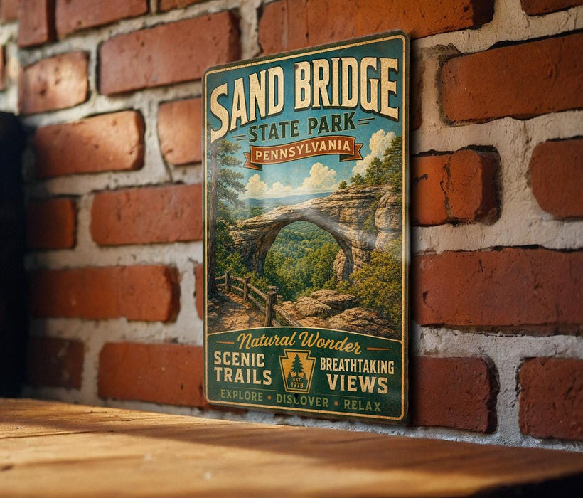 A vintage-style metal sign for Sand Bridge State Park in Pennsylvania, featuring a scenic landscape with a bridge and lush greenery.