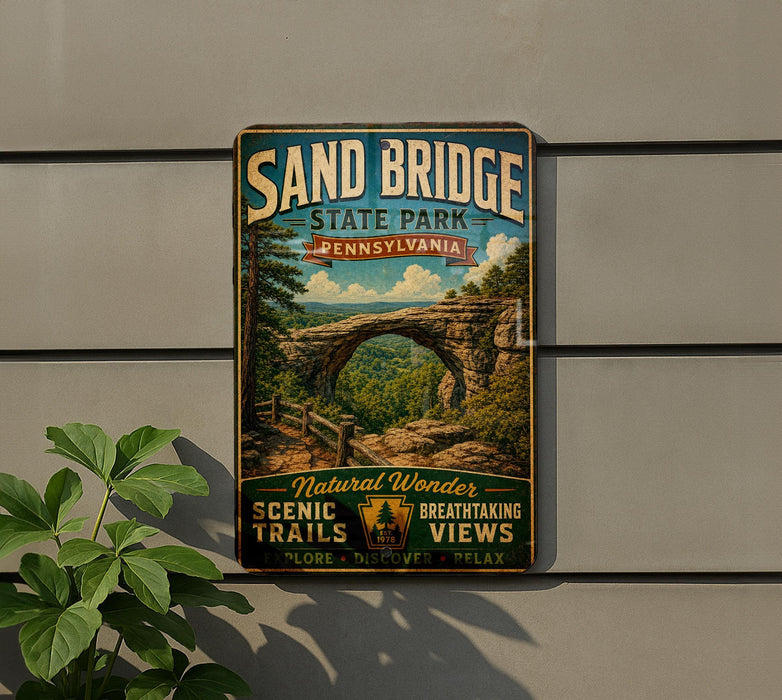 A vintage-style metal sign for Sand Bridge State Park in Pennsylvania, featuring a scenic illustration of the bridge surrounded by lush greenery.