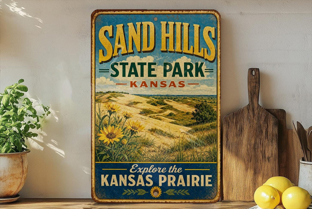 A vintage-style sign for Sand Hills State Park in Kansas, featuring a scenic landscape with dunes and flowers, is displayed on a shelf next to a wooden cutting board and some lemons.