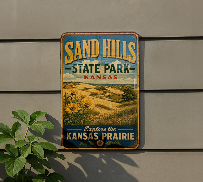 A vintage-style metal sign for Sand Hills State Park in Kansas, featuring a scenic landscape with sunflowers and a message encouraging visitors to explore the Kansas prairie.