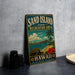 A vintage-style metal sign for the "Sand Island State Recreation Area" in Hawaii, featuring a beach scene with a palm tree, ocean, and hibiscus flowers.