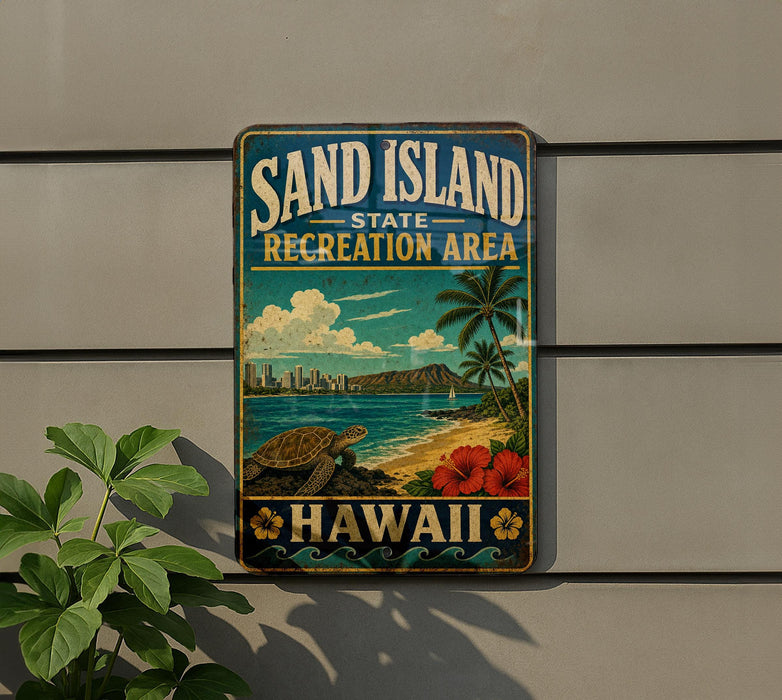 A vintage-style metal sign for the "Sand Island State Recreation Area" in Hawaii, featuring a beach scene with a palm tree, ocean, and hibiscus flowers.