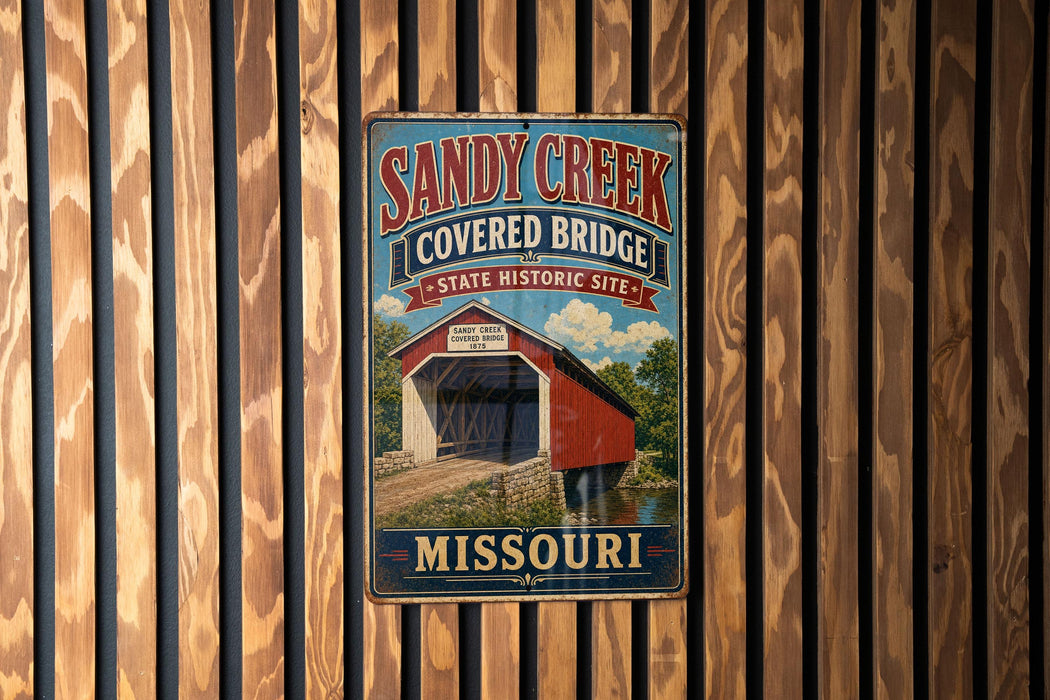 A vintage-style metal sign for the Sandy Creek Covered Bridge in Missouri, featuring an illustration of a covered bridge and the text "Sandy Creek Covered Bridge Missouri".