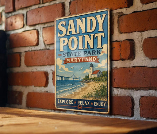 A vintage-style metal sign for Sandy Point State Park in Maryland, featuring a lighthouse and beach scene, is displayed on a brick wall.