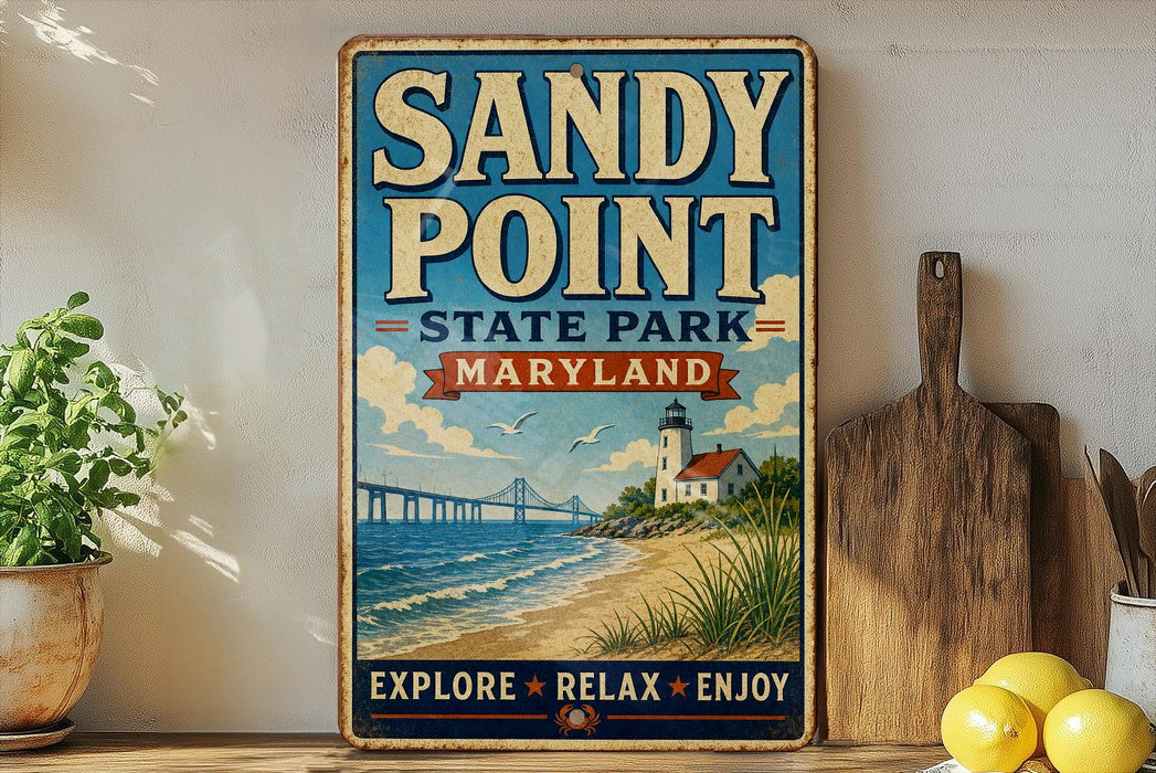 A vintage-style sign for Sandy Point State Park in Maryland, featuring a lighthouse and a beach scene, is displayed on a shelf next to a wooden cutting board and some lemons.