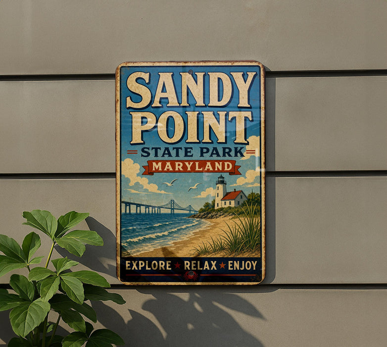A vintage-style metal sign for Sandy Point State Park, Maryland, featuring a lighthouse and a beach scene.