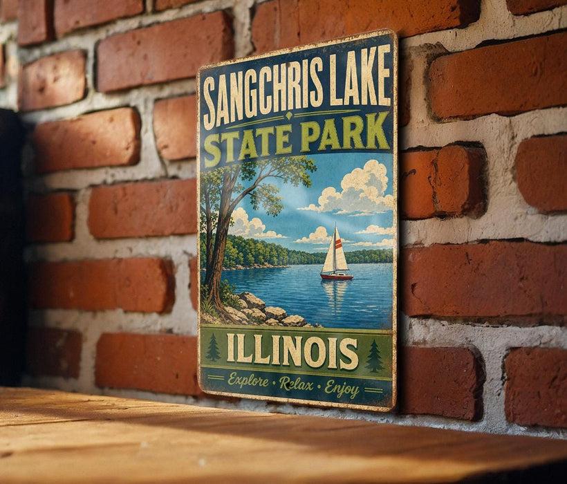 A vintage-style sign for Sangchris Lake State Park in Illinois, featuring a sailboat on a lake surrounded by trees.