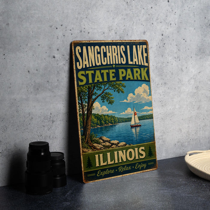 A vintage-style sign for Sangcris Lake State Park in Illinois, featuring a scenic illustration of a lake with a sailboat and trees.