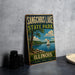 A vintage-style sign for Sangcris Lake State Park in Illinois, featuring a scenic illustration of a lake with a sailboat and trees.
