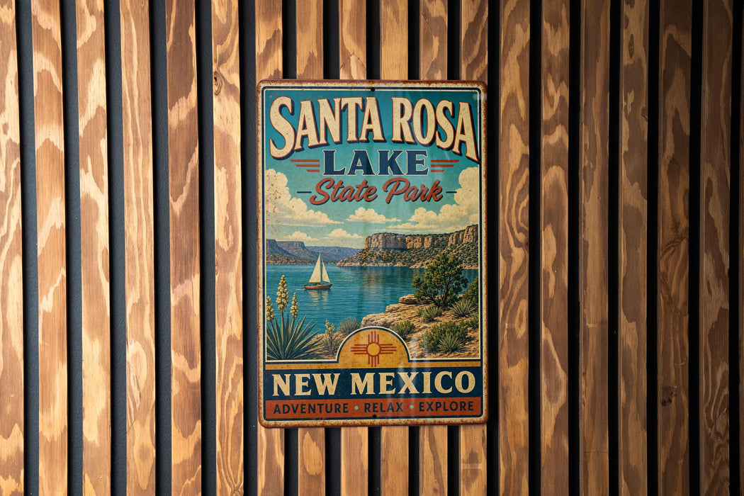 A vintage metal sign for Santa Rosa Lake State Park in New Mexico, featuring a scenic illustration of the lake and mountains.