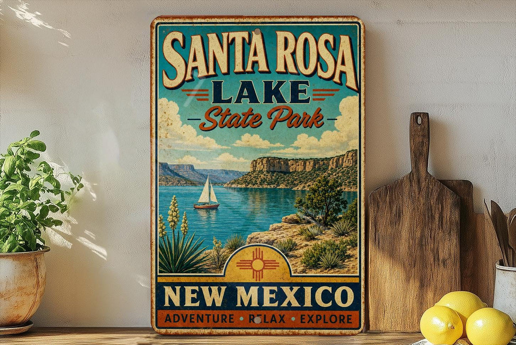 A vintage-style metal sign for Santa Rosa Lake State Park in New Mexico, featuring a scenic illustration of the lake and mountains.