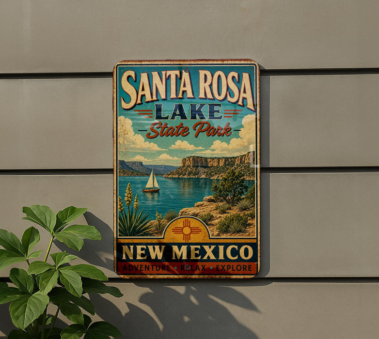 A vintage-style metal sign for Santa Rosa Lake State Park in New Mexico, featuring a scenic landscape with a sailboat and mountains in the background.