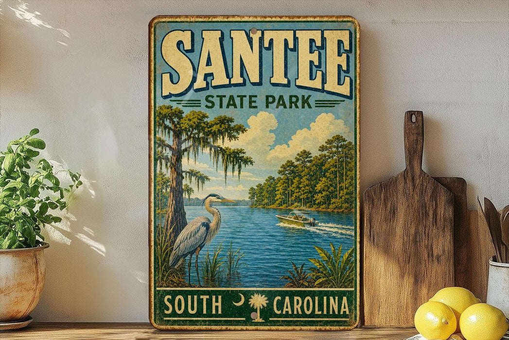 A vintage-style sign for Santee State Park in South Carolina, featuring a serene landscape with a crane, a boat on the water, and a backdrop of trees and a blue sky.