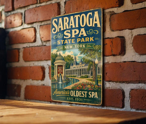 A vintage-style metal sign for Saratoga Spa, New York, featuring an illustration of the spa and its surroundings.