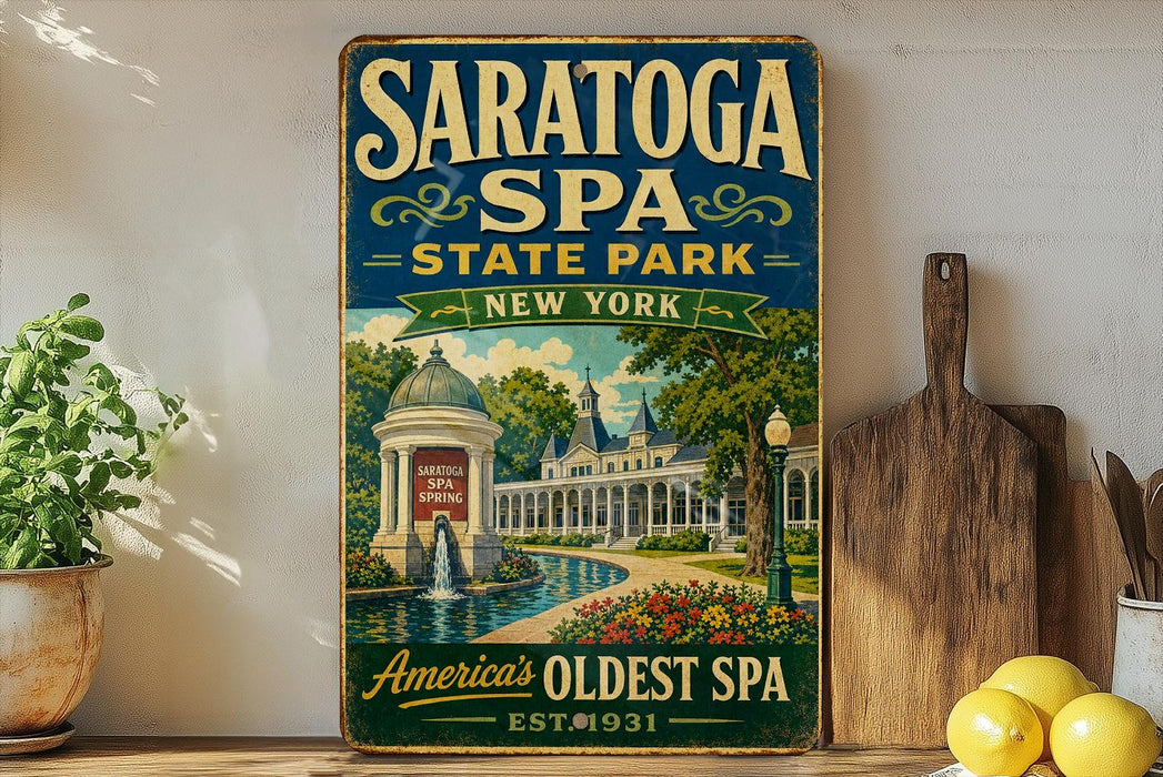 A vintage-style sign for Saratoga Spa State Park in New York, featuring an illustration of the park's architecture and a fountain.