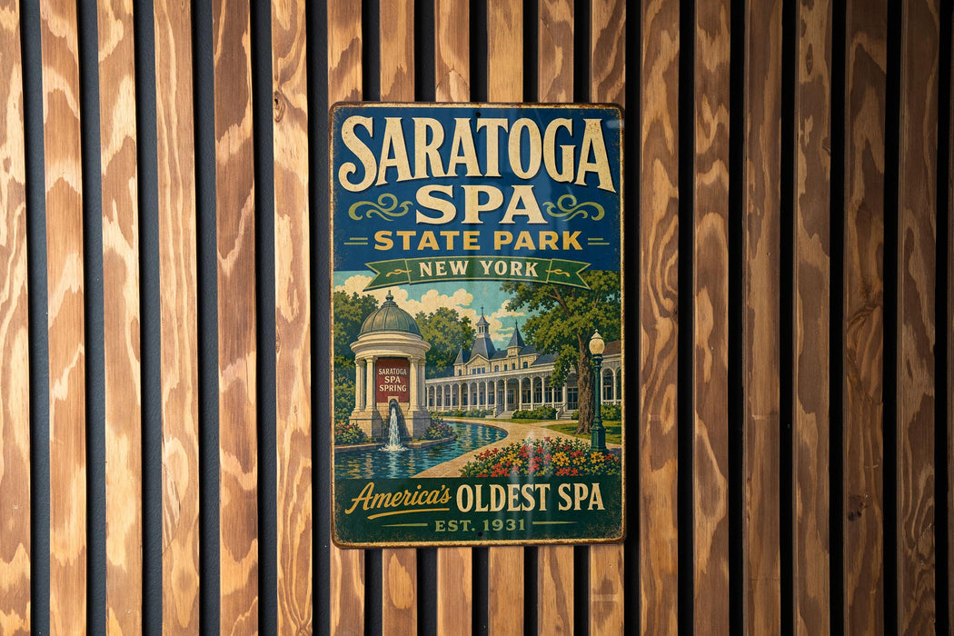 A vintage-style metal sign for Saratoga Spa, New York, with a scenic illustration of the spa and surrounding landscape.