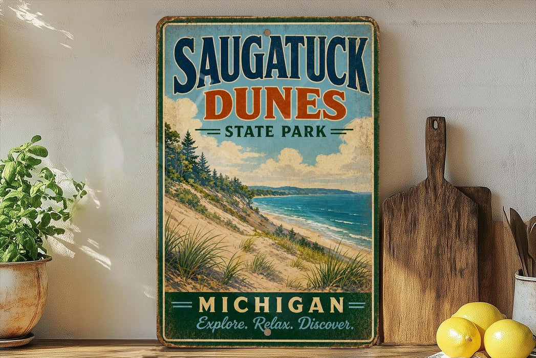 A vintage-style sign for Saugatuck Dunes State Park in Michigan, featuring a scenic beach landscape with sand dunes and a body of water.