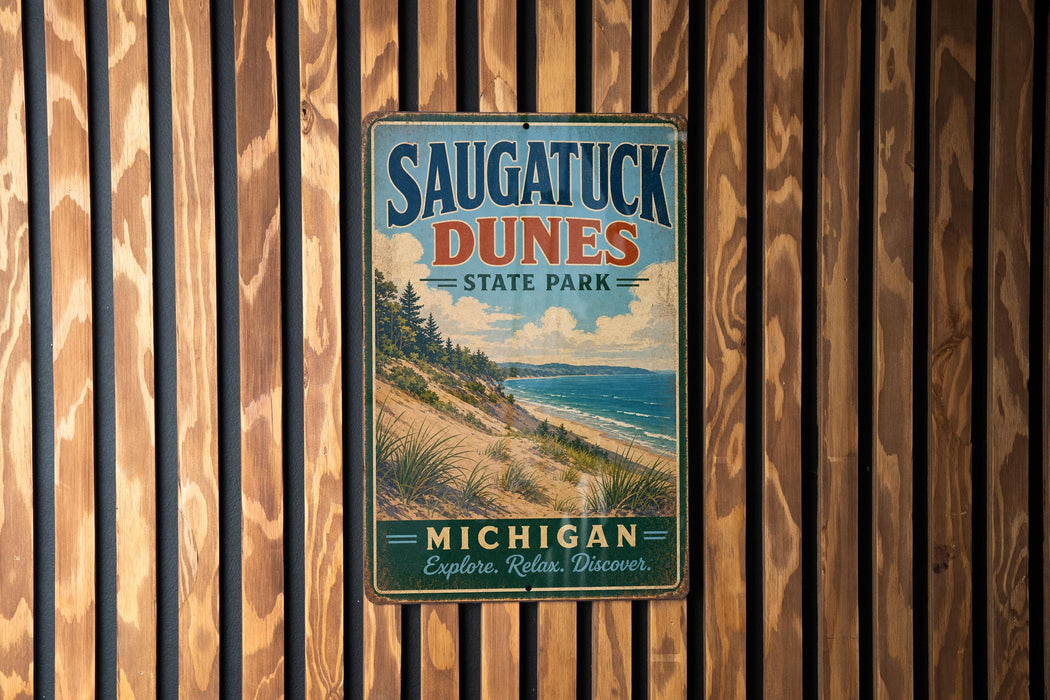 A vintage metal sign for Saugatuck Dunes State Park in Michigan, featuring a scenic beach landscape with pine trees and a body of water.