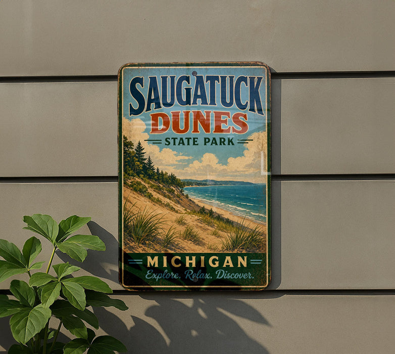 A vintage metal sign for Saugatuck Dunes State Park in Michigan, featuring a scenic beach landscape with sand dunes and a body of water.