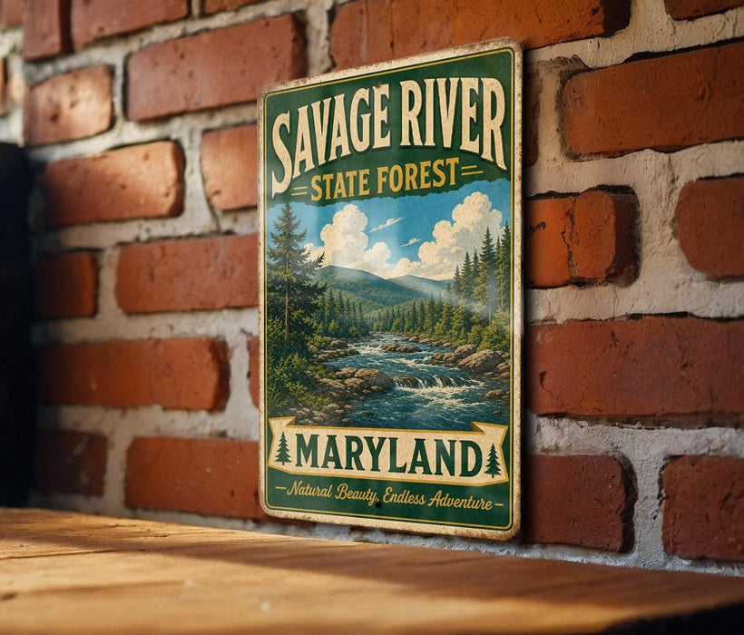A vintage metal sign for Savage River State Forest in Maryland, featuring a scenic landscape with a river and pine trees.