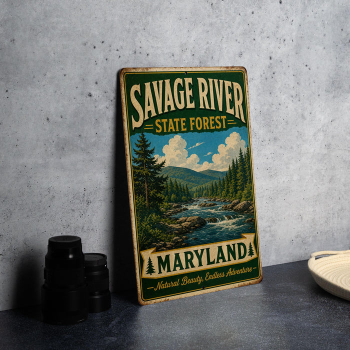A vintage metal sign for Savage River State Forest in Maryland, featuring a scenic illustration of a river surrounded by pine trees and mountains.